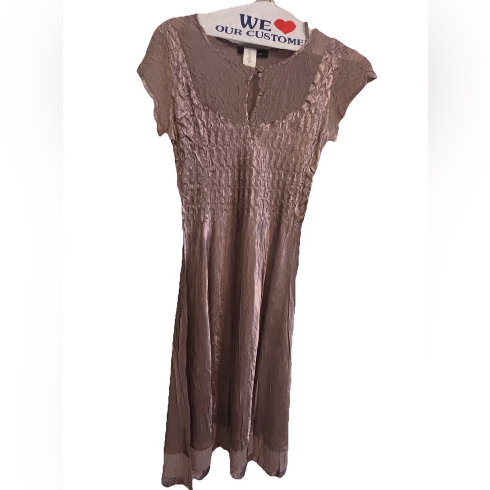 SL Fashions L Taupe Brown Stretch Crinkle Satin Dress Women's Size Petite Med